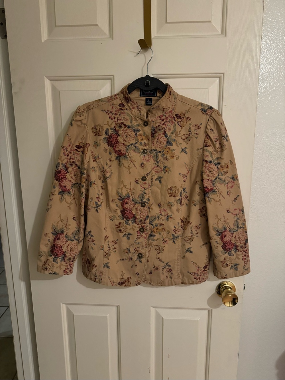 Women’s Vintage Chaps Denim Tan Floral Mandarin Collar Jacket